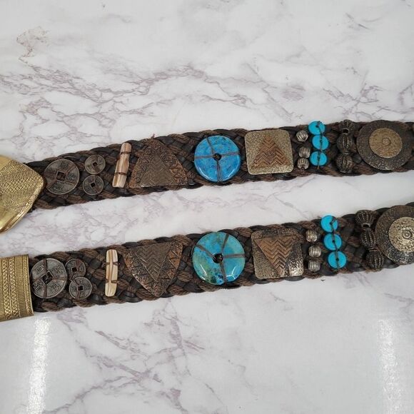 Boho Belt with Faux Turquoise Stones Shells Metal and Beading Women's Hip Belt - Picture 3 of 13